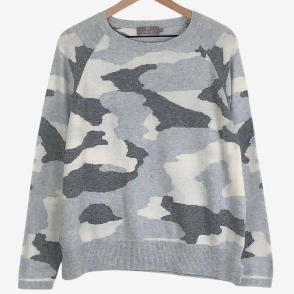 BRODIE Cashmere Camouflage 100% Mongolian Cashmere Sweater Women's L Gray Bue